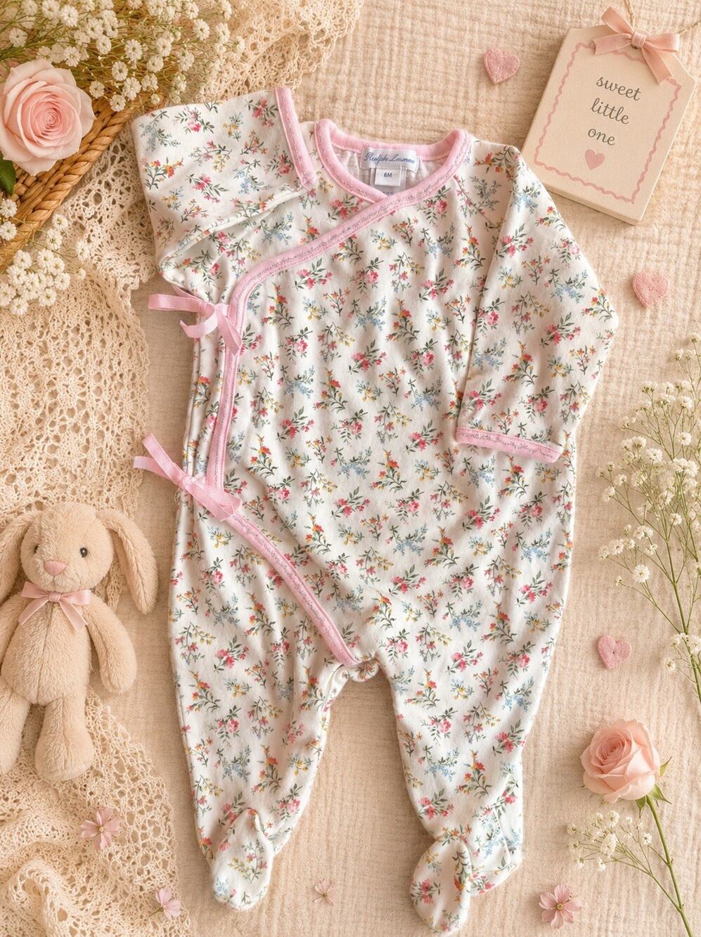 Vtg Ralph Lauren Y2K Powder Pink Floral Tie Front Cottagecore Sleeper 6mo